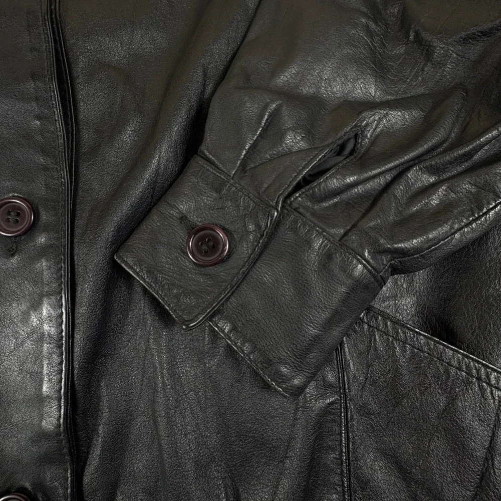 Vintage Black Leather Jacket Mens Small Minimalist‎ Button Front